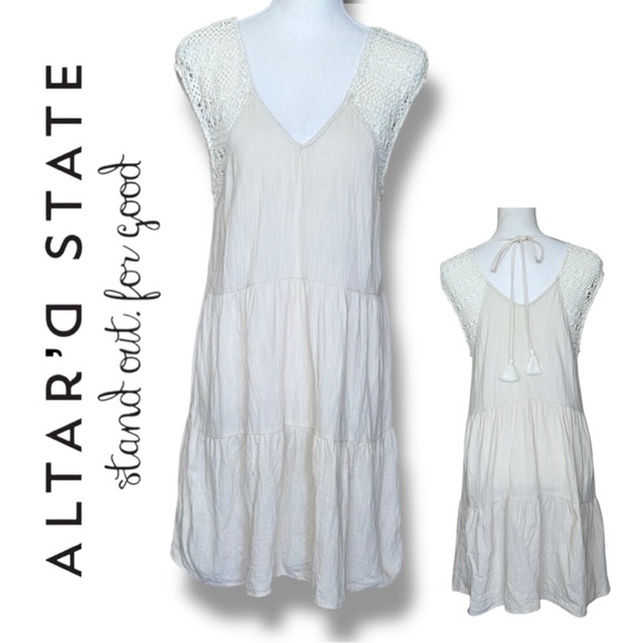 Altar'd State Boho Cream Cotton Tiered Mini Dress Tassel Tie Back Sz M - Picture 1 of 10